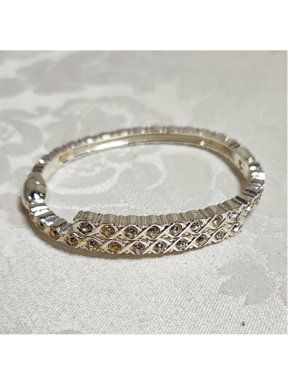Silver Tone Hinged Rhinestone Pavé Cuff Bangle Bracelet, 7 in